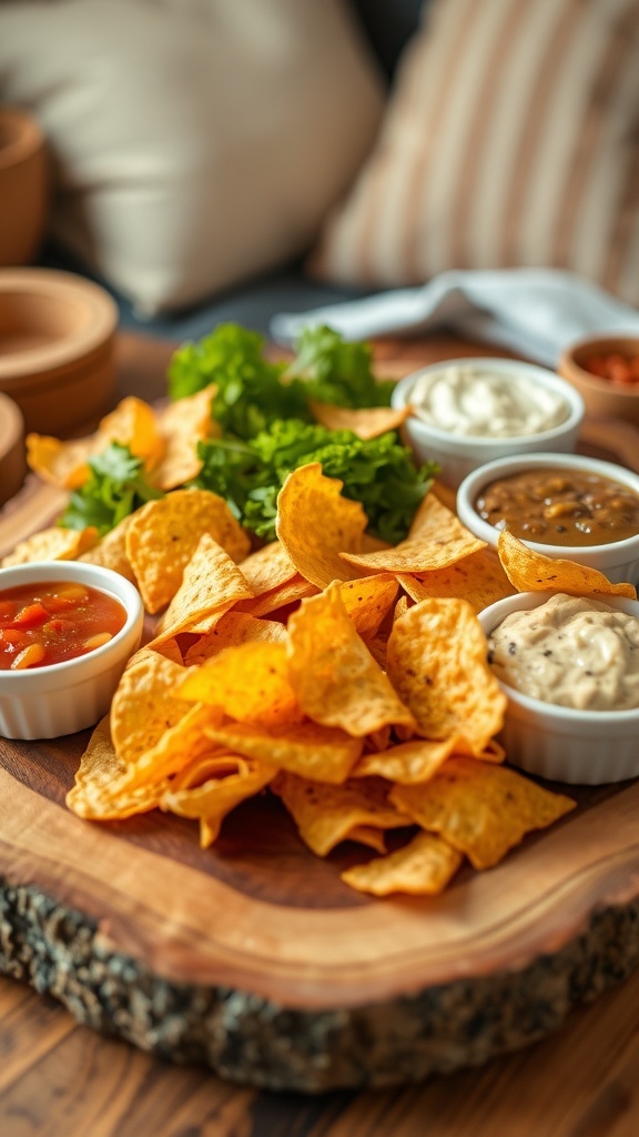 An assortment of homemade potato, kale, and tortilla chips served with dips on a wooden platter.